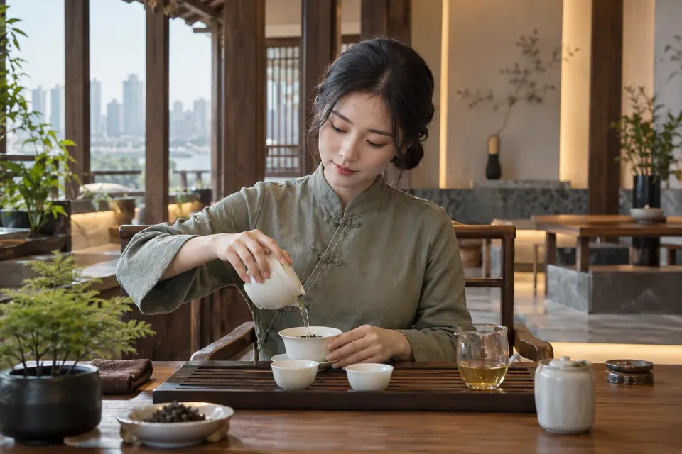 新中式盖碗冲泡场景，茶席布置简洁