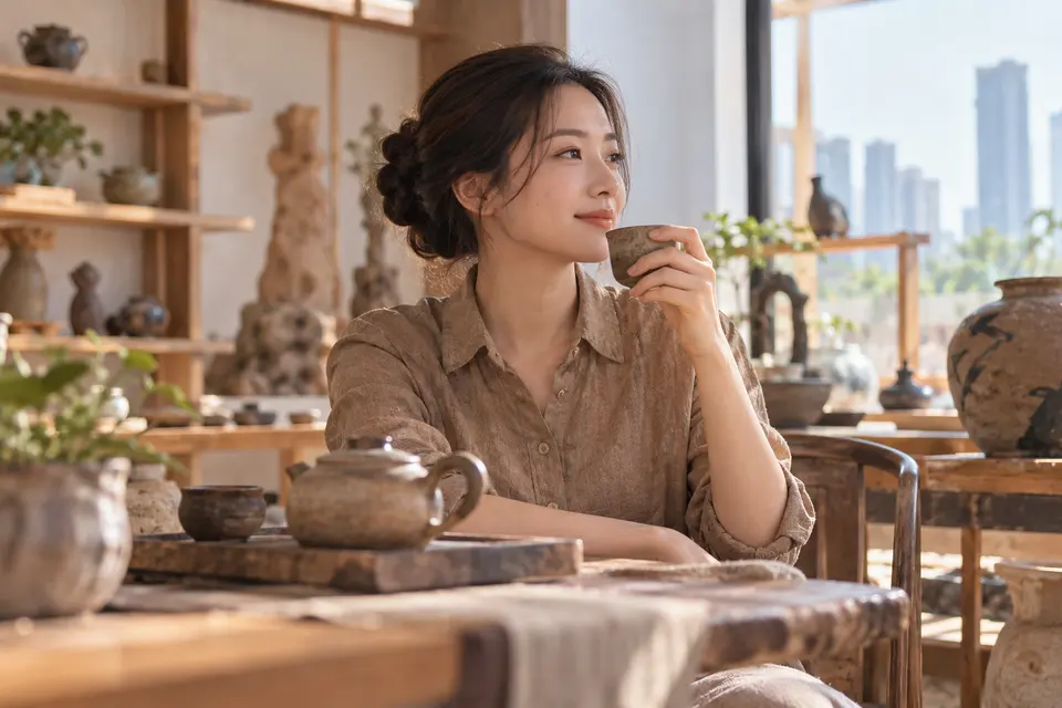 陶艺茶器工作室内，茶杯与陶器陈列