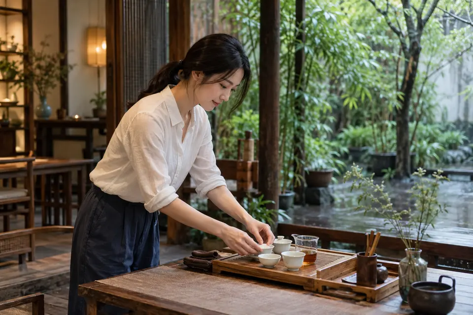 庭院茶席布置，竹制茶具与盖碗