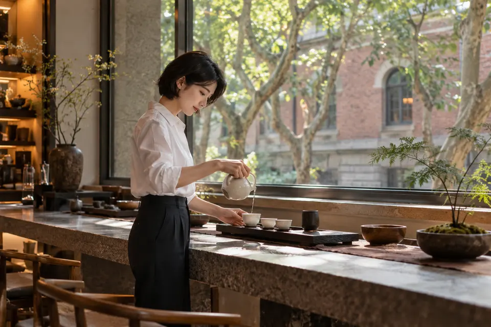 梧桐街区茶室内，白瓷茶具与浅色桌面