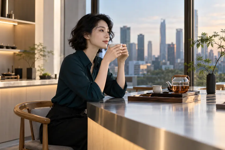 现代设计茶吧内，白瓷茶具与简洁桌面